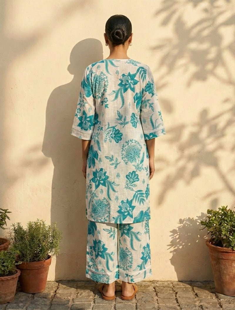 trueBrowns White Blue Floral Print Kurta Pant Set - Image 2